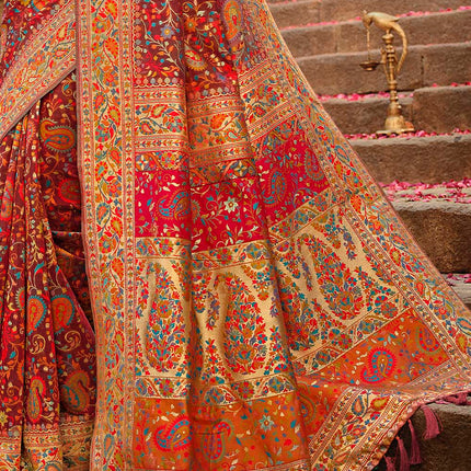Blood Red Traditional Kora Silk Banarasi Weaving Saree