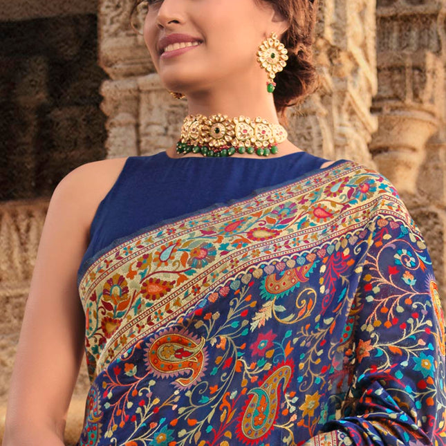 Cerulean Blue Traditional Kora Silk Banarasi Weaving Saree