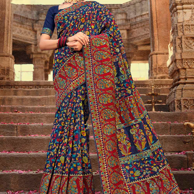 Dark Blue Traditional Kora Silk Banarasi Weaving Saree