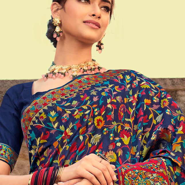 Dark Blue Traditional Kora Silk Banarasi Weaving Saree