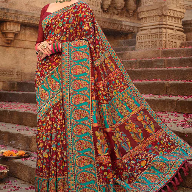 Brownish Red Traditional Kora Silk Banarasi Weaving Saree