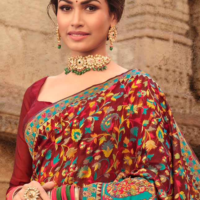 Brownish Red Traditional Kora Silk Banarasi Weaving Saree
