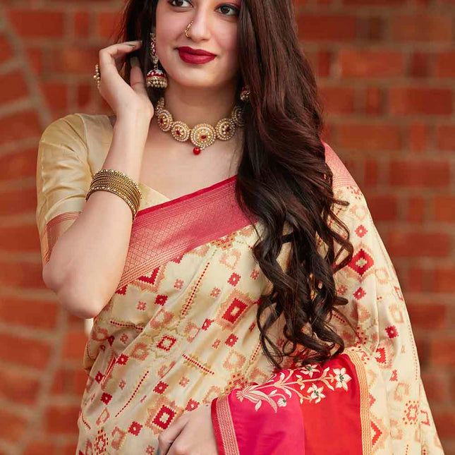 Off White Woven Soft Banarasi Silk Saree