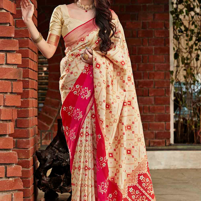 Off White Woven Soft Banarasi Silk Saree