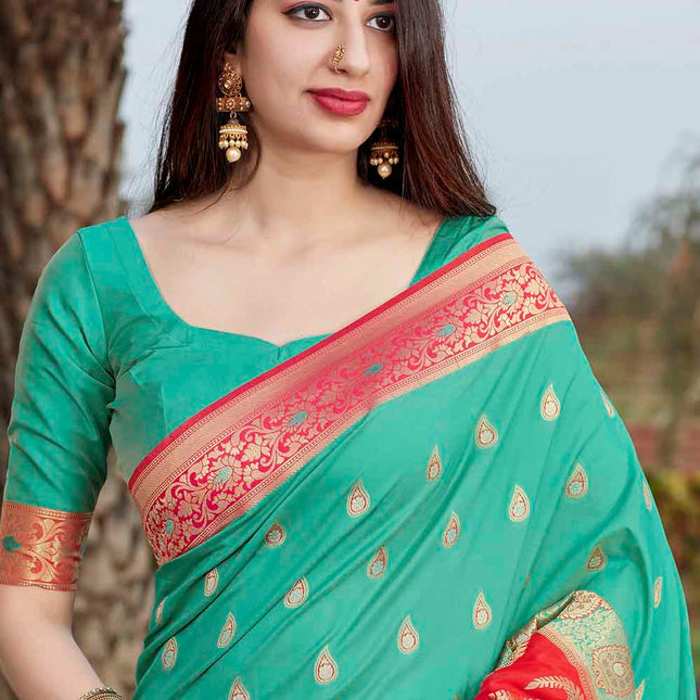 Aqua Blue Woven Soft Banarasi Silk Saree