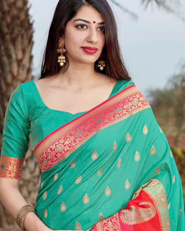 Aqua Blue Woven Soft Banarasi Silk Saree