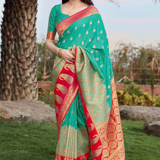 Aqua Blue Woven Soft Banarasi Silk Saree