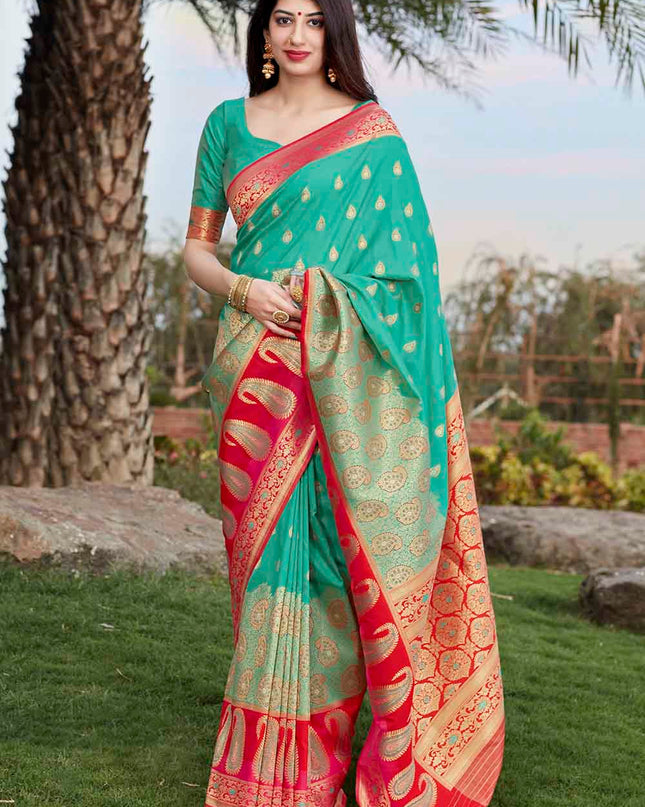 Aqua Blue Woven Soft Banarasi Silk Saree