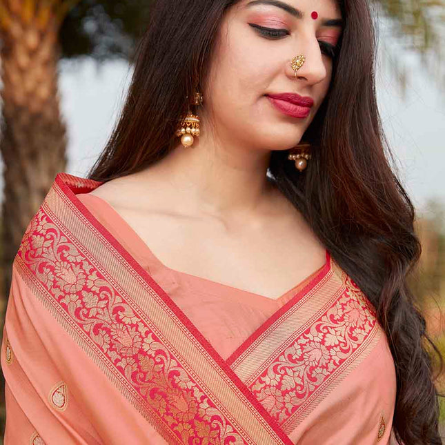 Flamingo Pink Woven Soft Banarasi Silk Saree