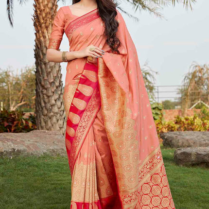 Flamingo Pink Woven Soft Banarasi Silk Saree