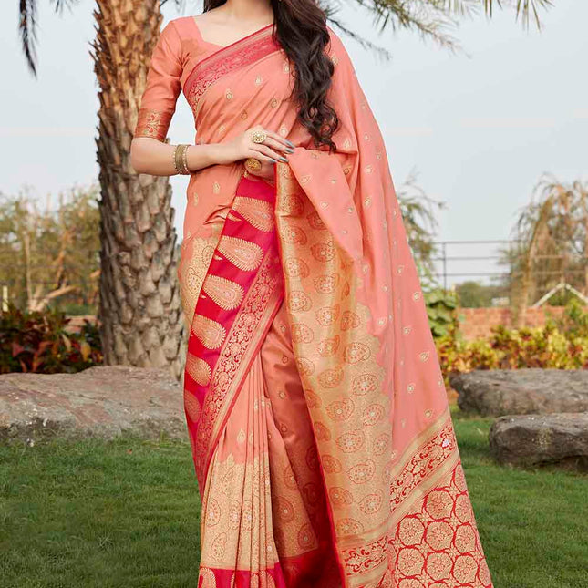 Flamingo Pink Woven Soft Banarasi Silk Saree