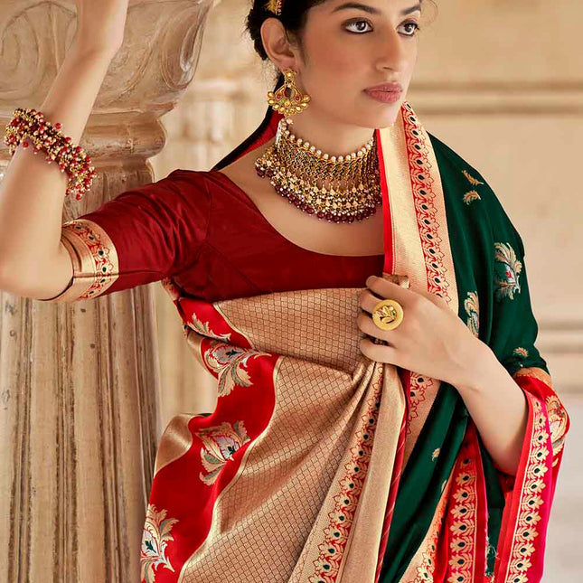 Dark Green Woven Soft Banarasi Silk Saree