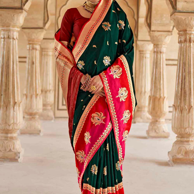 Dark Green Woven Soft Banarasi Silk Saree