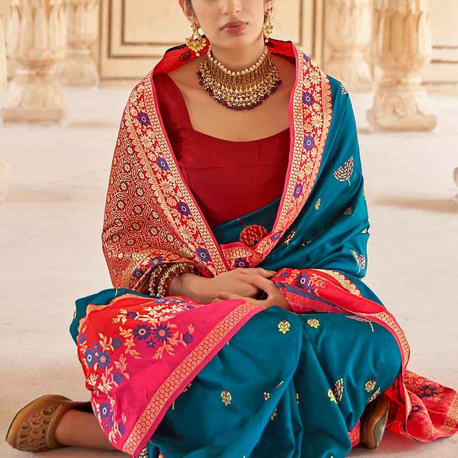 Cerulean Blue Woven Soft Banarasi Silk Saree