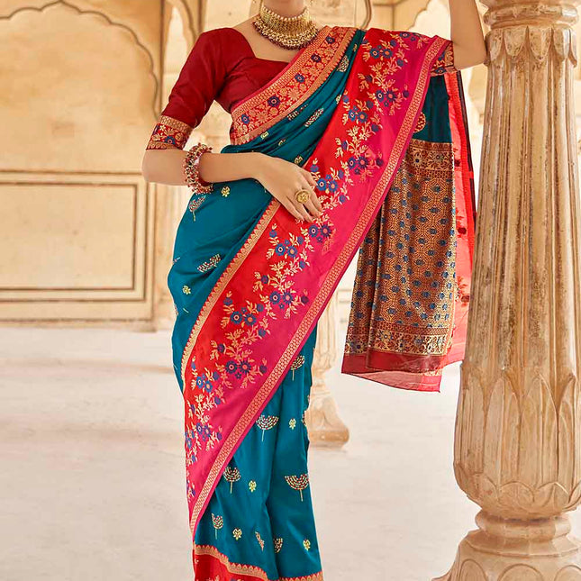 Cerulean Blue Woven Soft Banarasi Silk Saree