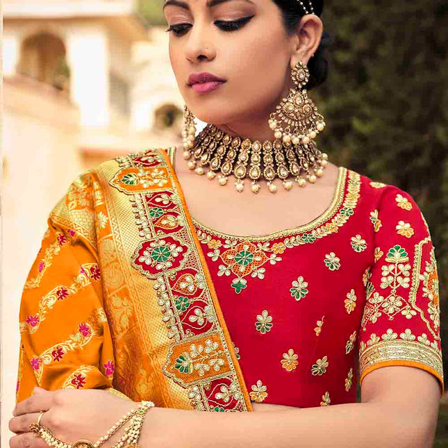 Orange & Red Mix Banarasi Silk Lehenga