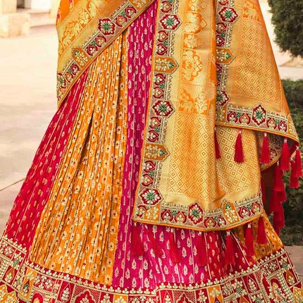 Orange & Red Mix Banarasi Silk Lehenga