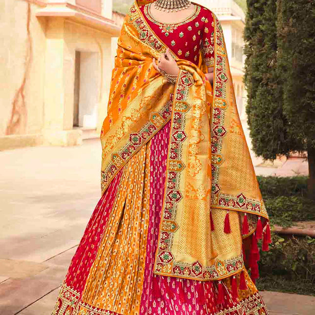Orange & Red Mix Banarasi Silk Lehenga