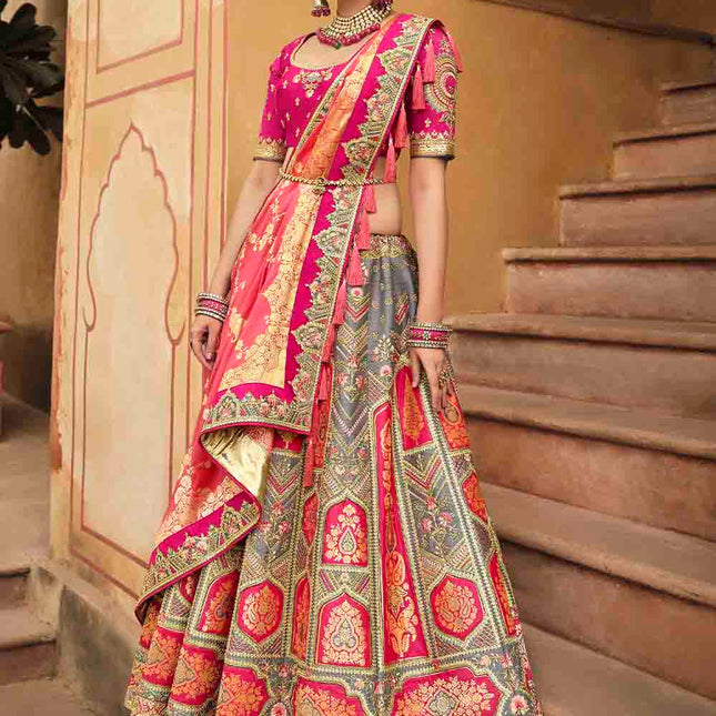 Pink & Grey Mix Banarasi Silk Lehenga