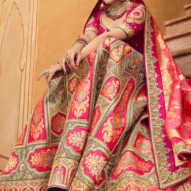 Pink & Grey Mix Banarasi Silk Lehenga