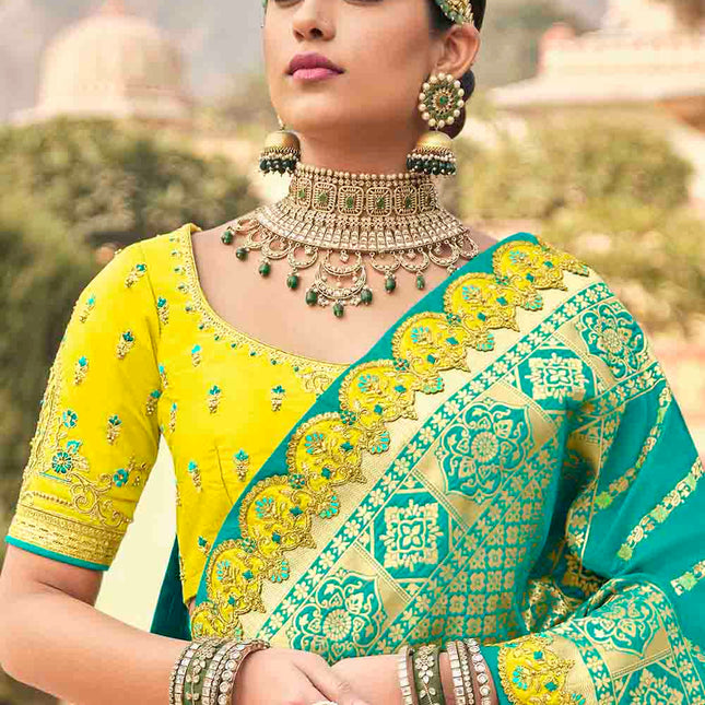 Bright Yellow Banarasi Silk Khatli Work Lehenga