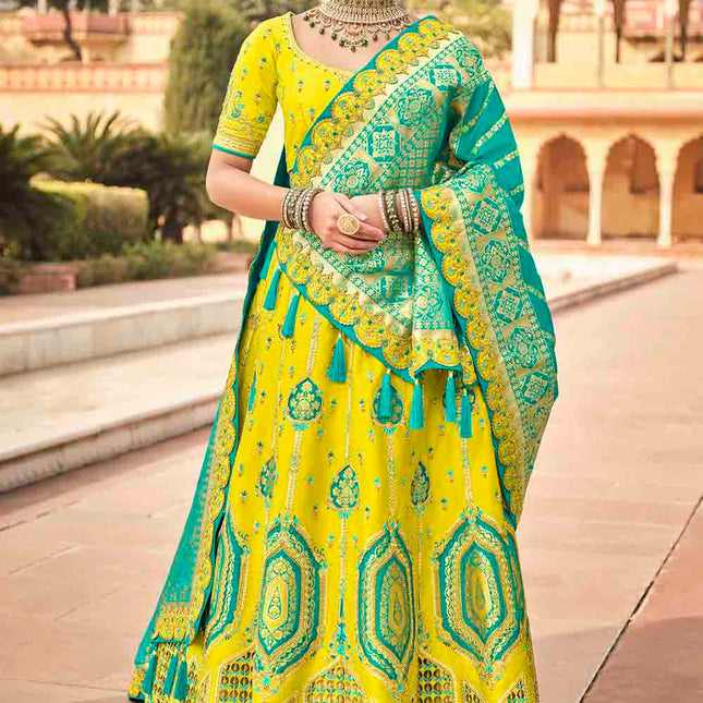 Bright Yellow Banarasi Silk Khatli Work Lehenga