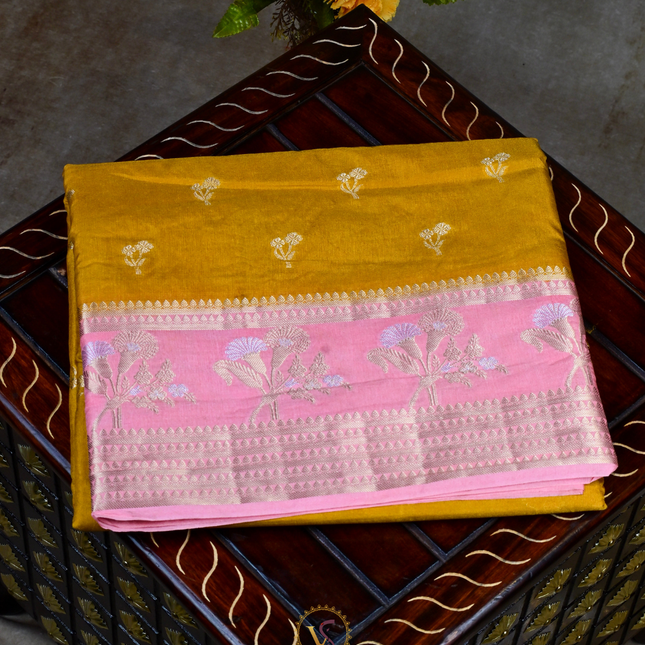 Chanderi Sarees-VSC37 Mustard-Pink