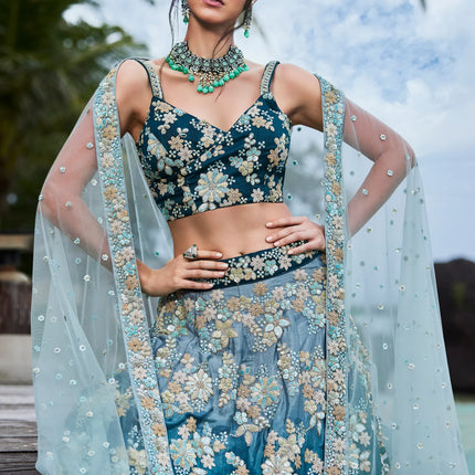 Teal Georgette Sequins & Zarkan Embroidery Lehenga Choli & Dupatta