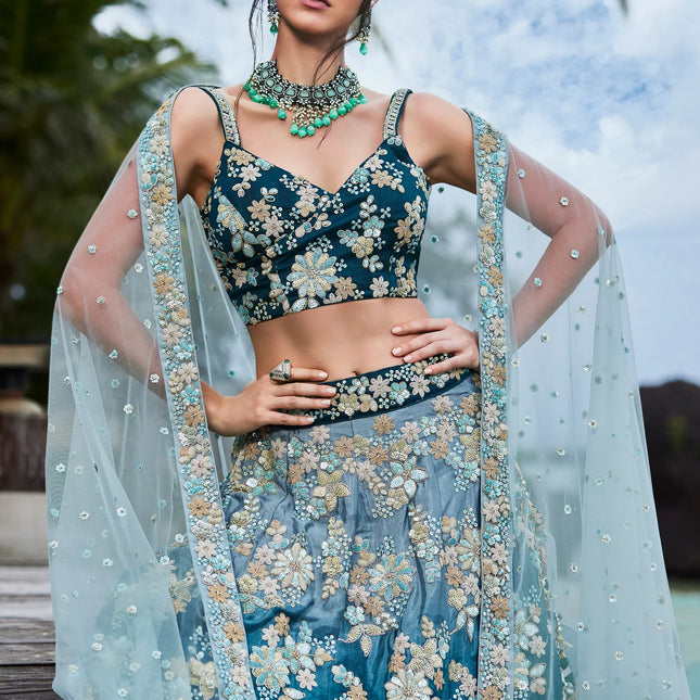Teal Georgette Sequins & Zarkan Embroidery Lehenga Choli & Dupatta