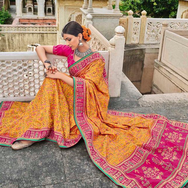 Vivid Yellow Kachhi Style Banarasi Silk Pure Saree