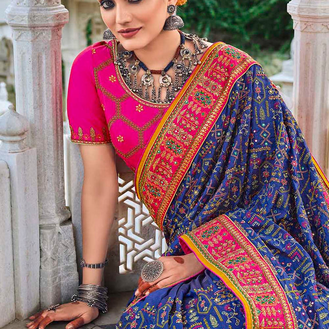 Cornflower Blue Kachhi Style Banarasi Silk Pure Saree