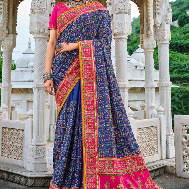 Cornflower Blue Kachhi Style Banarasi Silk Pure Saree