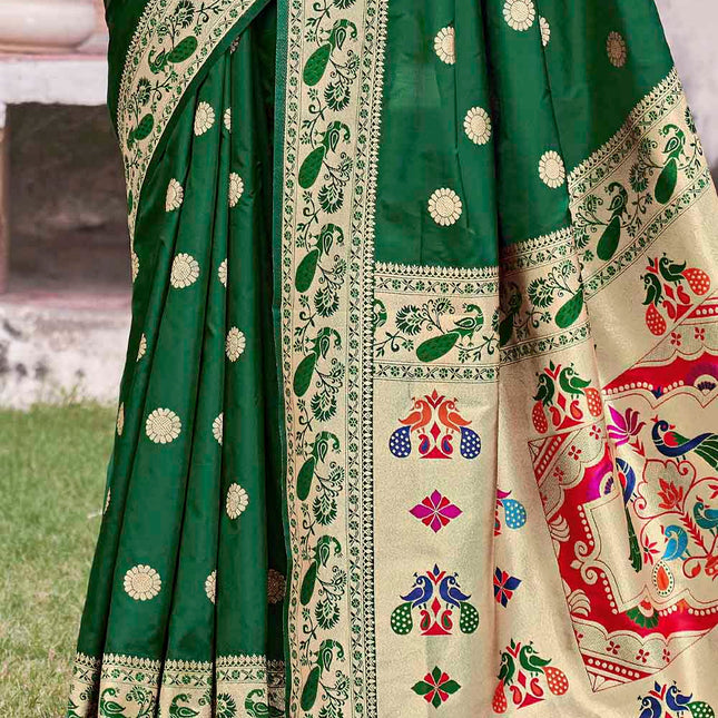 Paithani Hunter Green Pure Banarasi Silk Saree