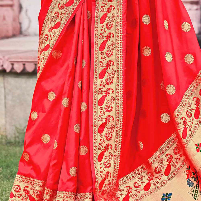 Paithani Rose Red Pure Banarasi Silk Saree