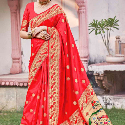 Paithani Rose Red Pure Banarasi Silk Saree