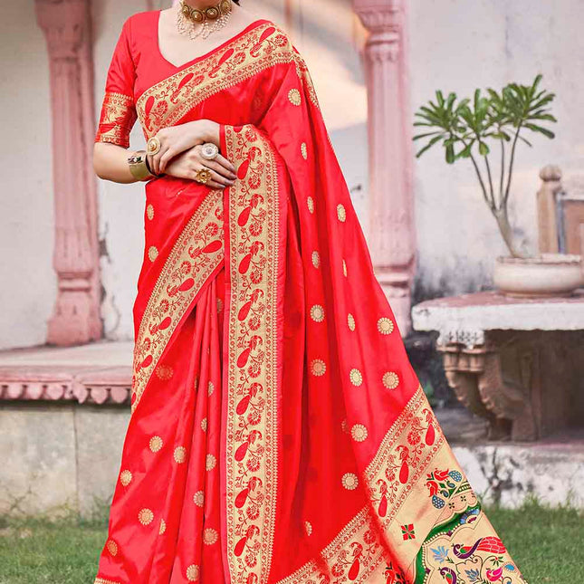 Paithani Rose Red Pure Banarasi Silk Saree
