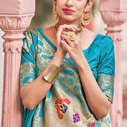 Paithani Aqua Blue Pure Banarasi Silk Saree