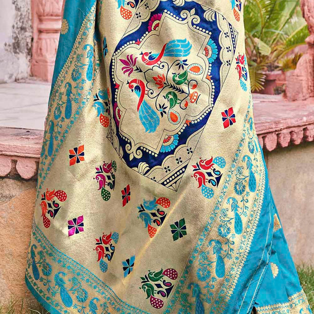 Paithani Aqua Blue Pure Banarasi Silk Saree
