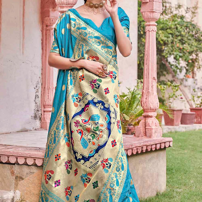 Paithani Aqua Blue Pure Banarasi Silk Saree