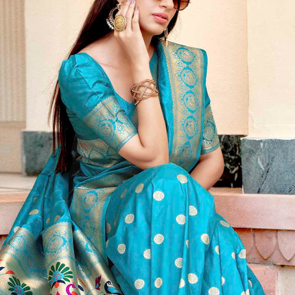 Perssian Blue Woven Lush Banarasi Silk Saree with Overall Butti work