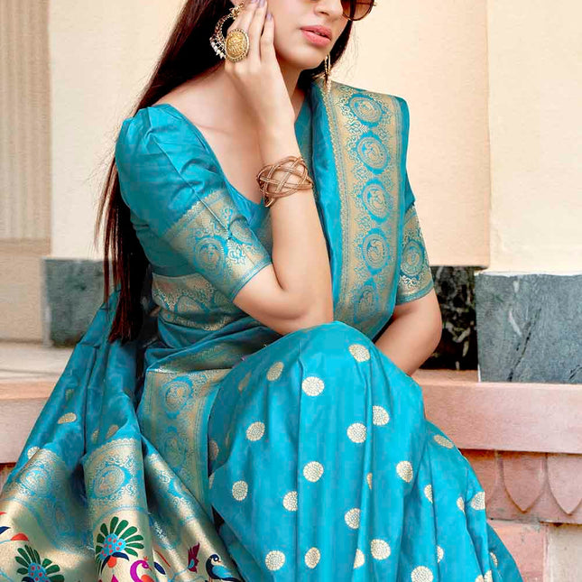 Perssian Blue Woven Lush Banarasi Silk Saree with Overall Butti work