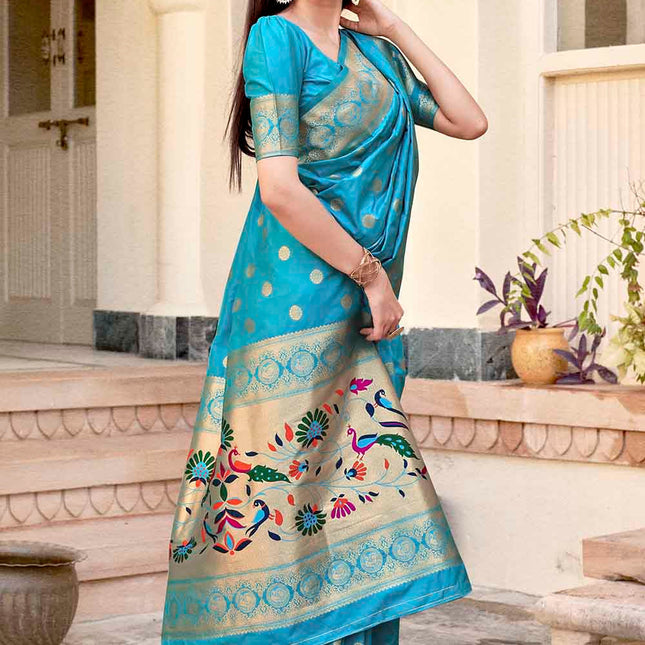 Perssian Blue Woven Lush Banarasi Silk Saree with Overall Butti work