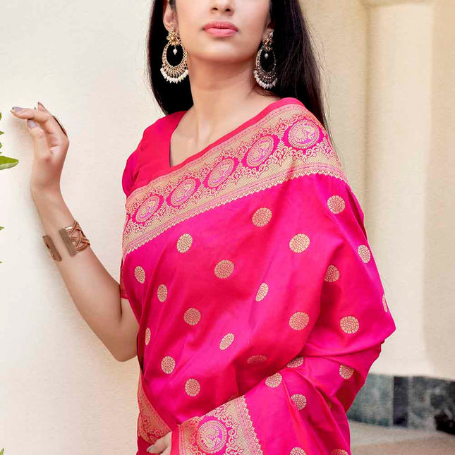 Magenta Pink Woven Lush Banarasi Silk Saree with Overall Butti work