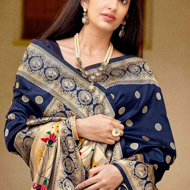 Dark Blue Woven Lush Banarasi Silk Saree with Overall Butti work