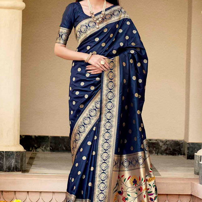 Dark Blue Woven Lush Banarasi Silk Saree with Overall Butti work