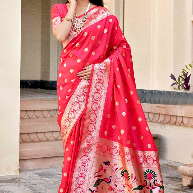 Punch Pink Woven Lush Banarasi Silk Saree with Overall Butti work
