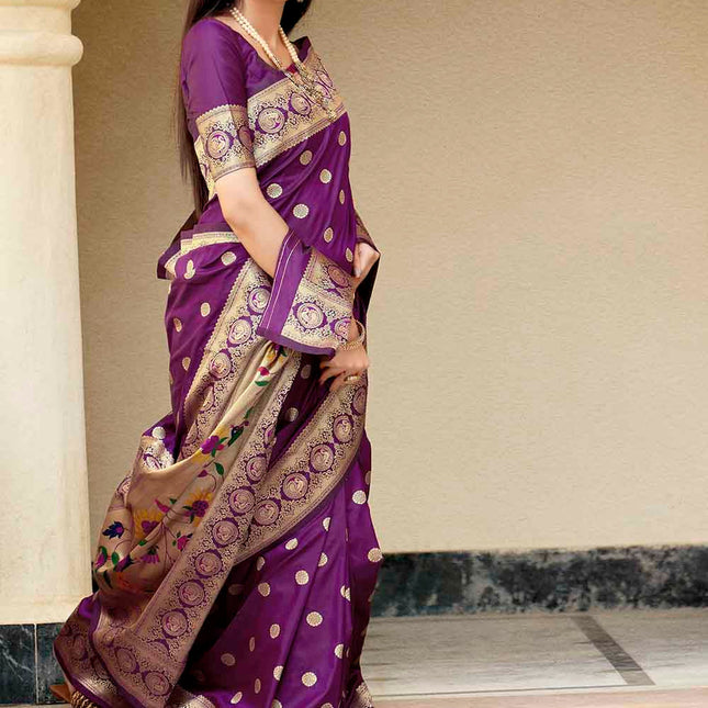 Night Purple Woven Lush Banarasi Silk Saree with Overall Butti work