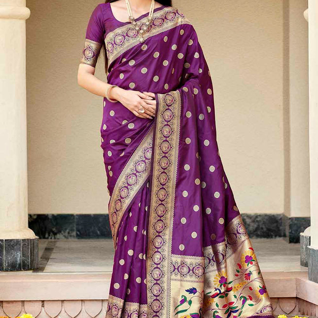 Night Purple Woven Lush Banarasi Silk Saree with Overall Butti work