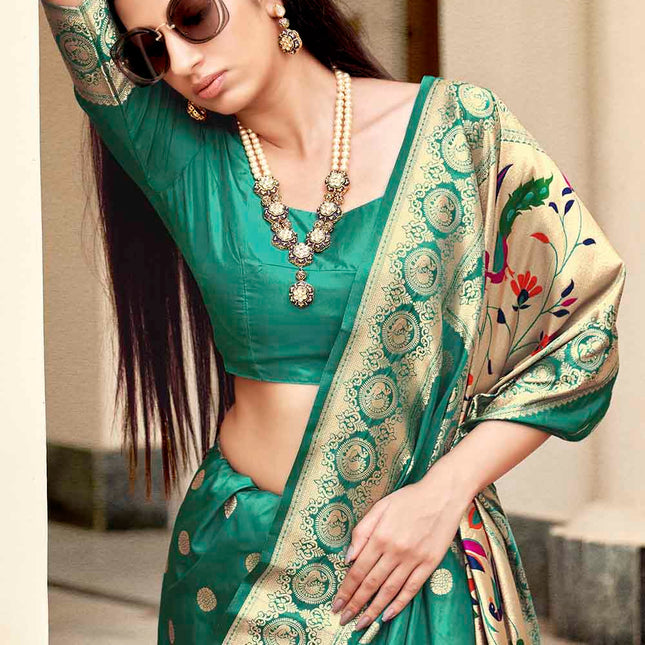 Emerald Green Woven Lush Banarasi Silk Saree with Overall Butti work