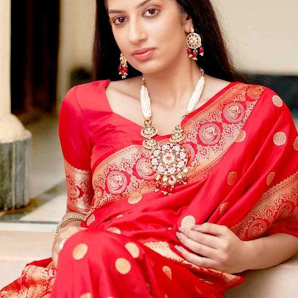 Scarlet Red Woven Lush Banarasi Silk Saree with Overall Butti work